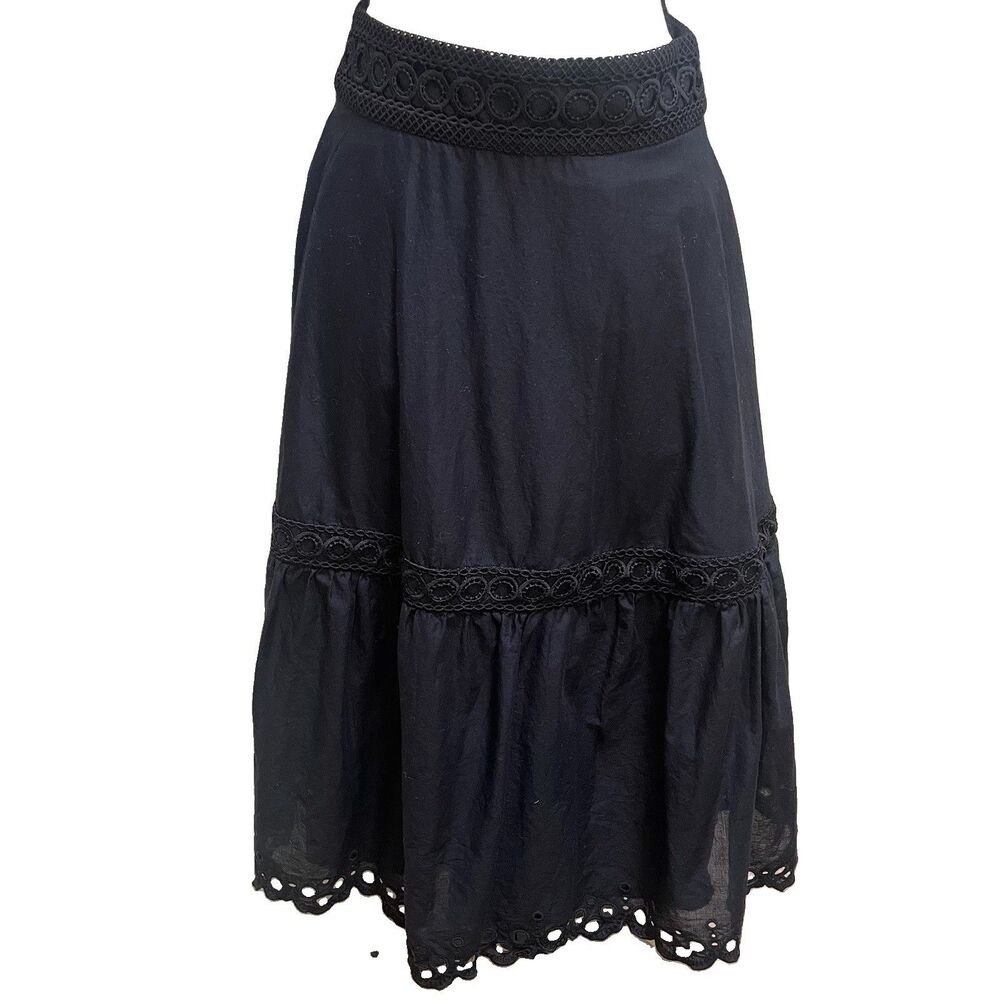 J.Crew Point Sur black lace eyelet midi skirt tiered cottagecore boho goth 0